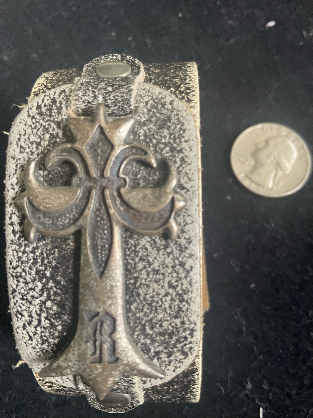 Distressed Silver Cross Accent Leather Cuff Bracelet